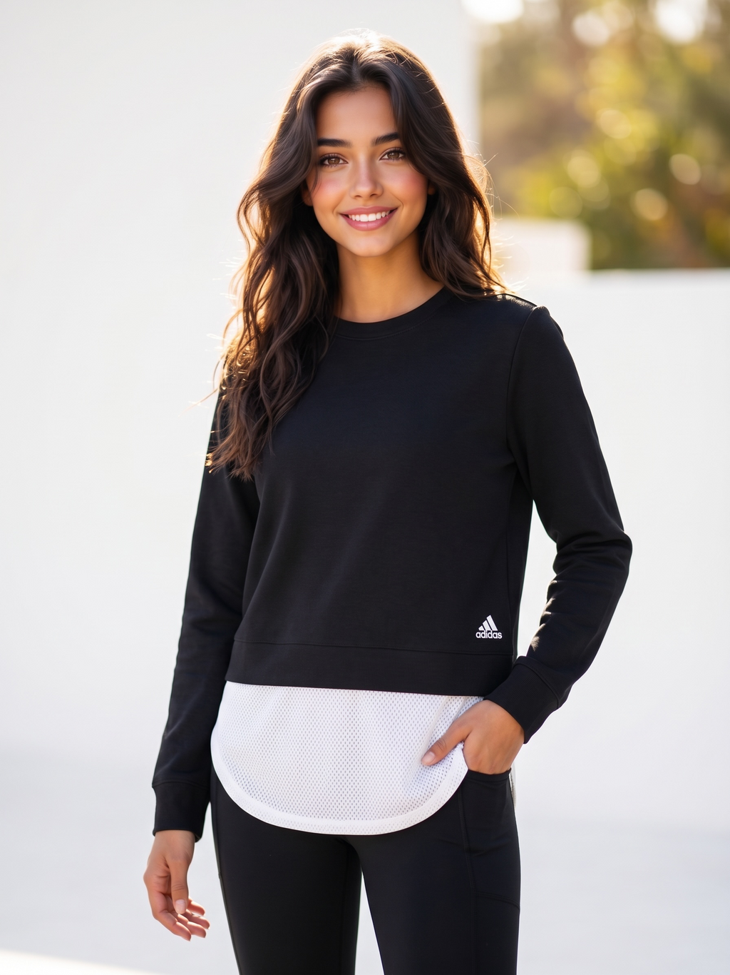 Adidas Women's Black Layer Sweatshirt with White Mesh Hem M - NWT
