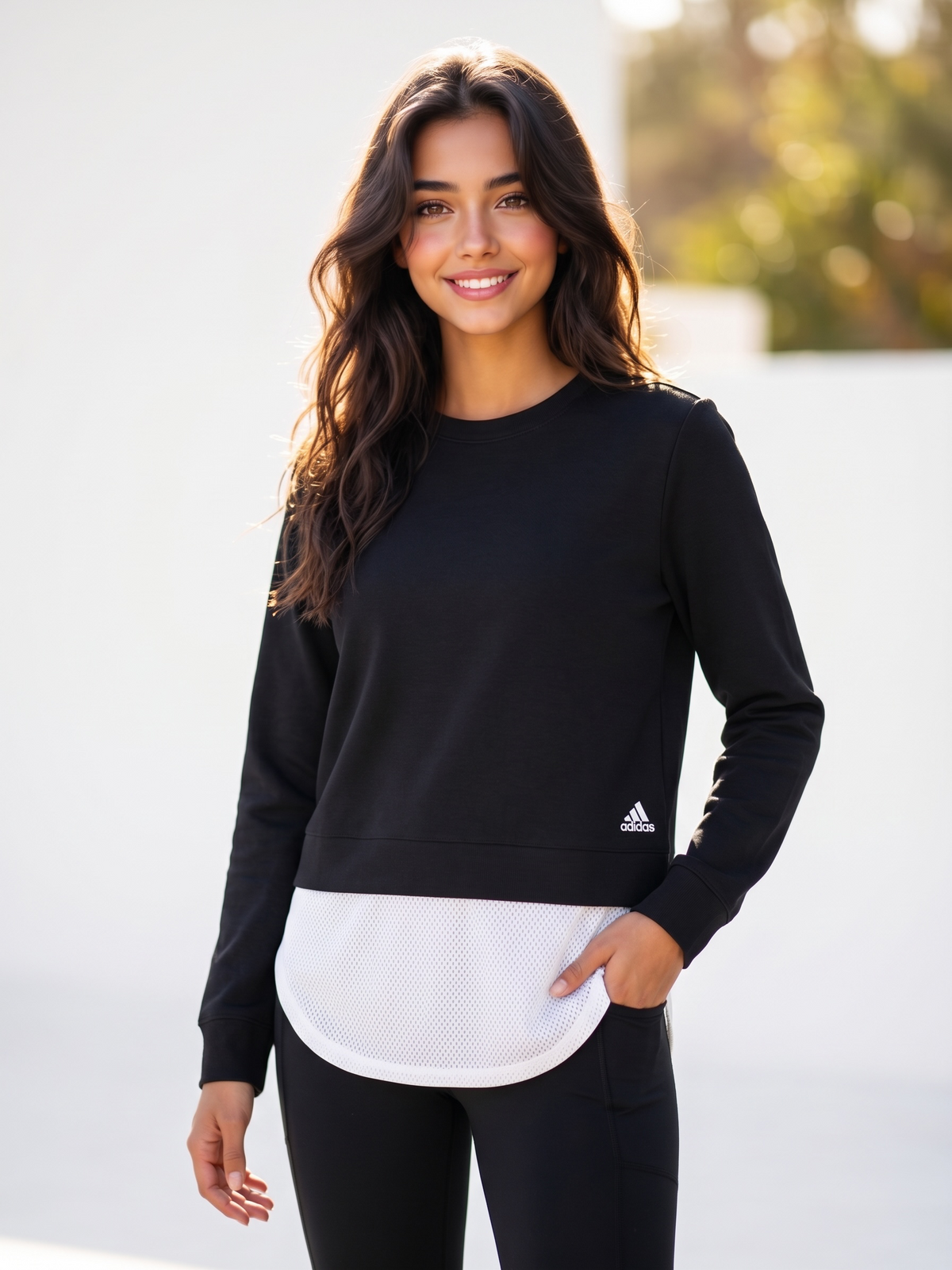 Adidas Women's Black Layer Sweatshirt with White Mesh Hem M - NWT