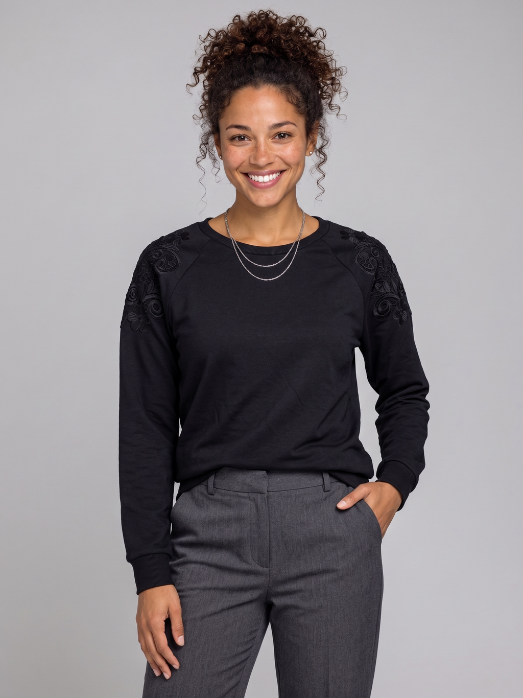 Gloria Vanderbilt Women's Black Lace Shoulder Sweatshirt L NWT