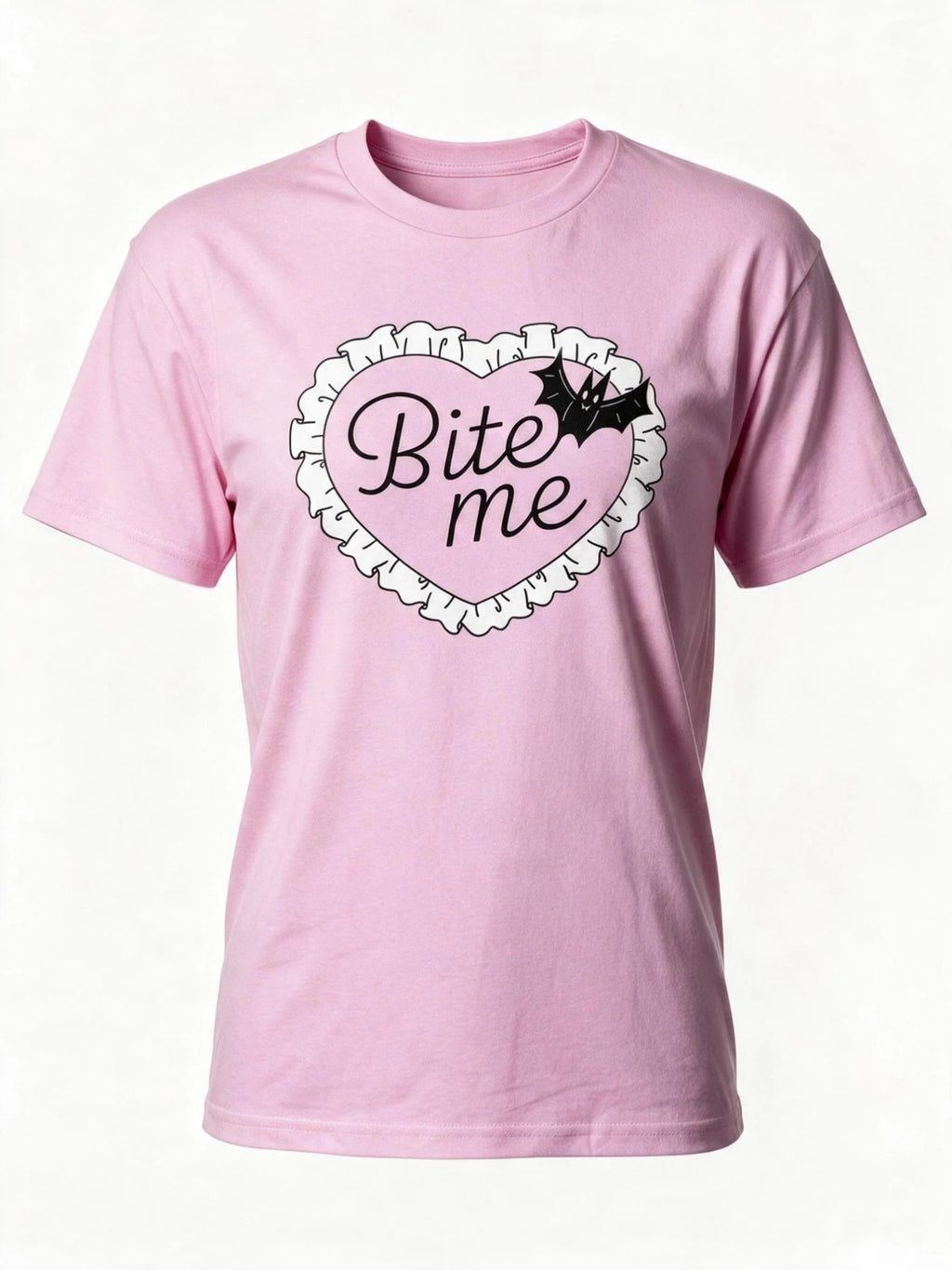 Pink “Bite Me” Bat Heart Graphic T-Shirt New